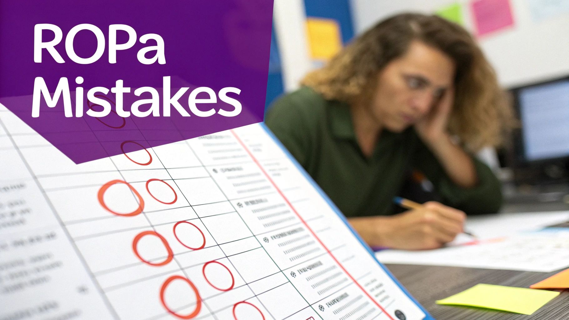 A stressed person reviews a document highlighting 'ROPa Mistakes' with red circles, indicating errors or issues.