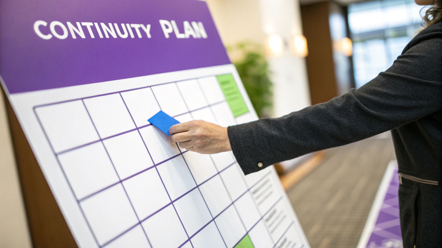 A hand places a blue sticky note on a 'Continuity Plan' board with a grid.