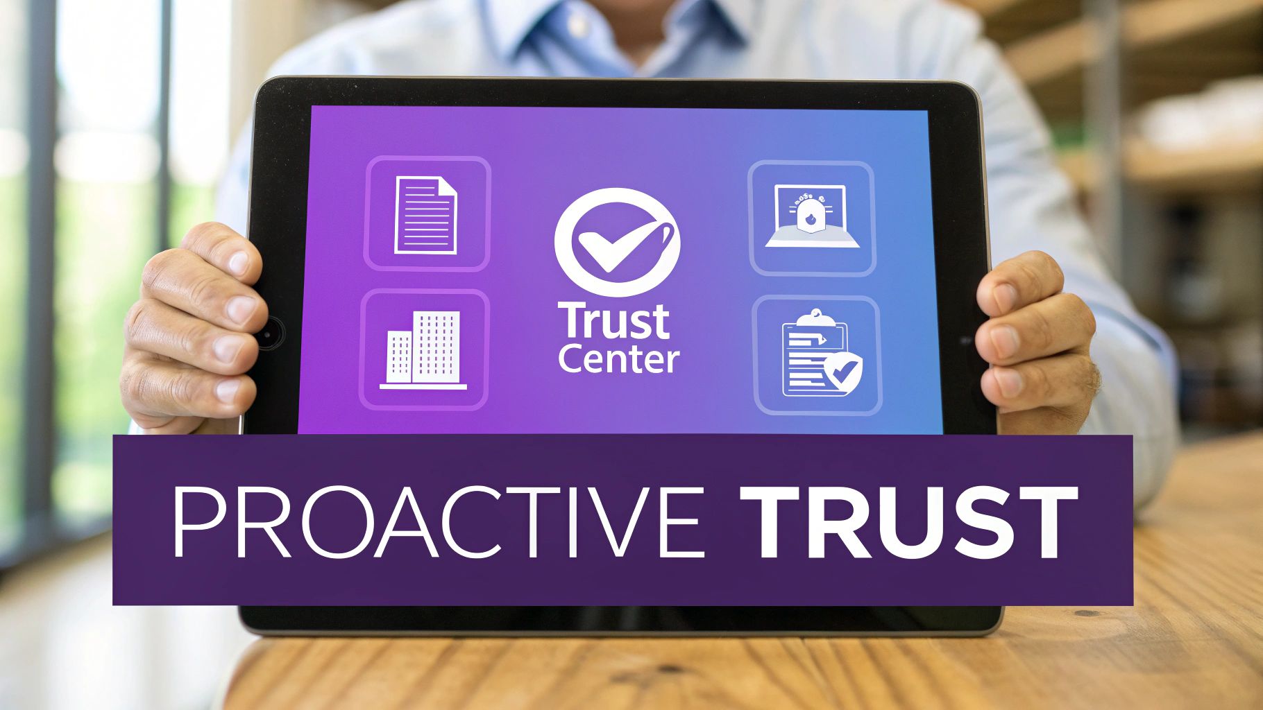 A person holds a tablet displaying a 'Trust Center' dashboard with icons for documents, buildings, and security. A banner states 'PROACTIVE TRUST'.