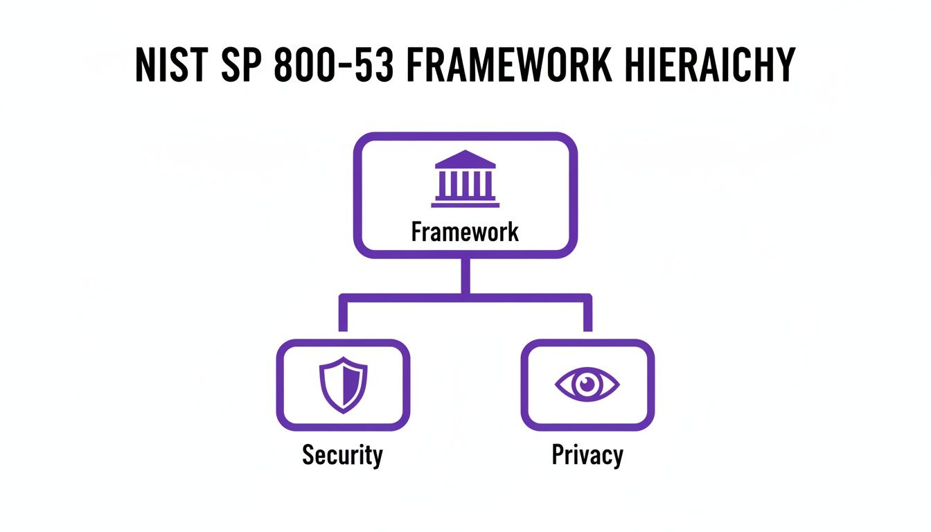 NIST SP 800-53 framework hierarchy diagram outlining security and privacy components.