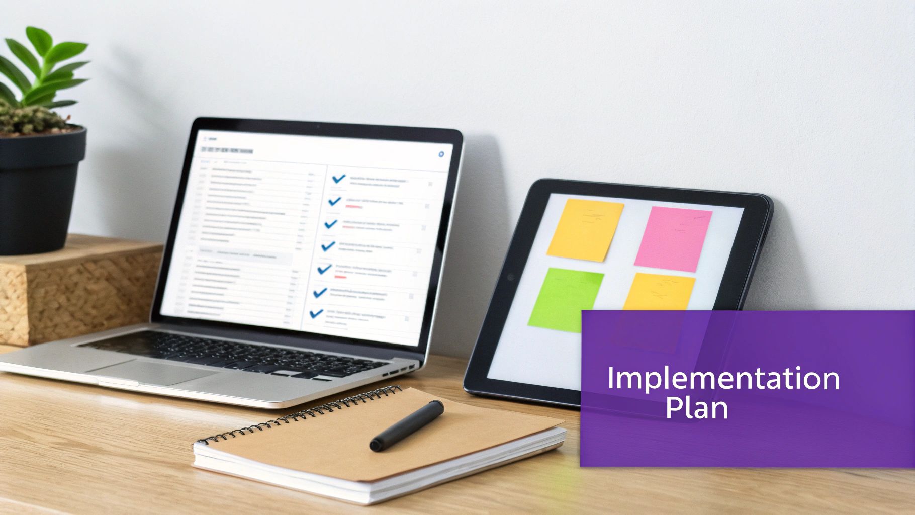 A desk setup with a laptop displaying a checklist, a tablet with sticky notes, and a notebook, highlighting an implementation plan.