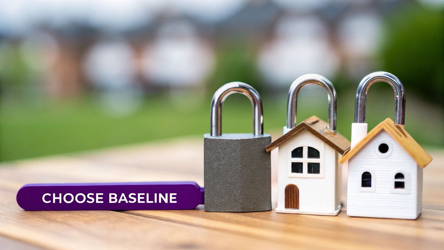 A purple block saying 'CHOOSE BASELINE' next to a padlock and two locked miniature houses.