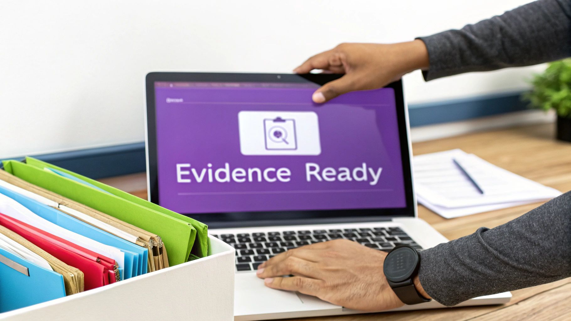 Hands interact with a laptop displaying 'Evidence Ready' on screen, surrounded by organized files on a desk.