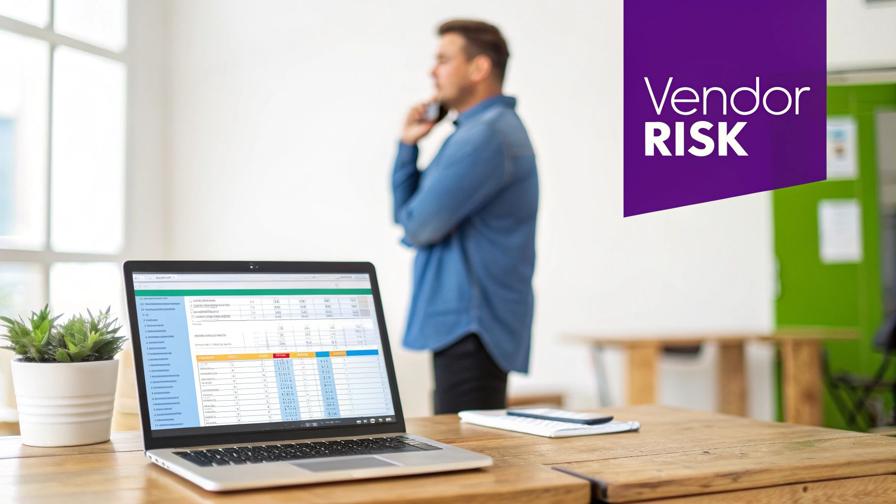 A man on the phone stands behind a desk with a laptop displaying data and a 'Vendor RISK' banner.
