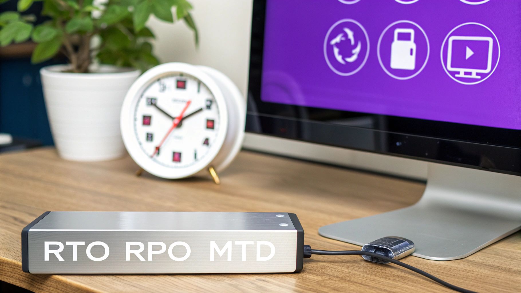A desk setup featuring a monitor with icons, a clock, a plant, and a device displaying RTO, RPO, MTD.