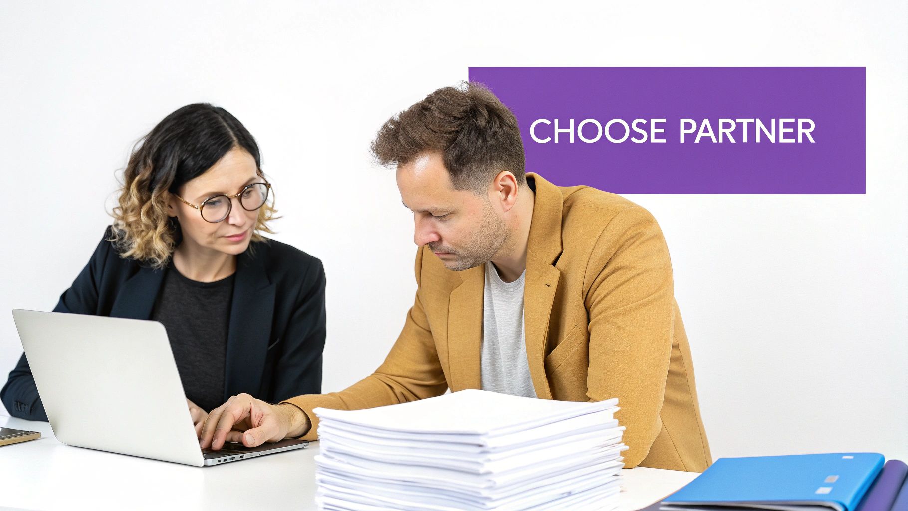 Two professionals, a woman and a man, working together at a desk with a laptop and documents. A purple banner with 'CHOOSE PARTNER' is visible.