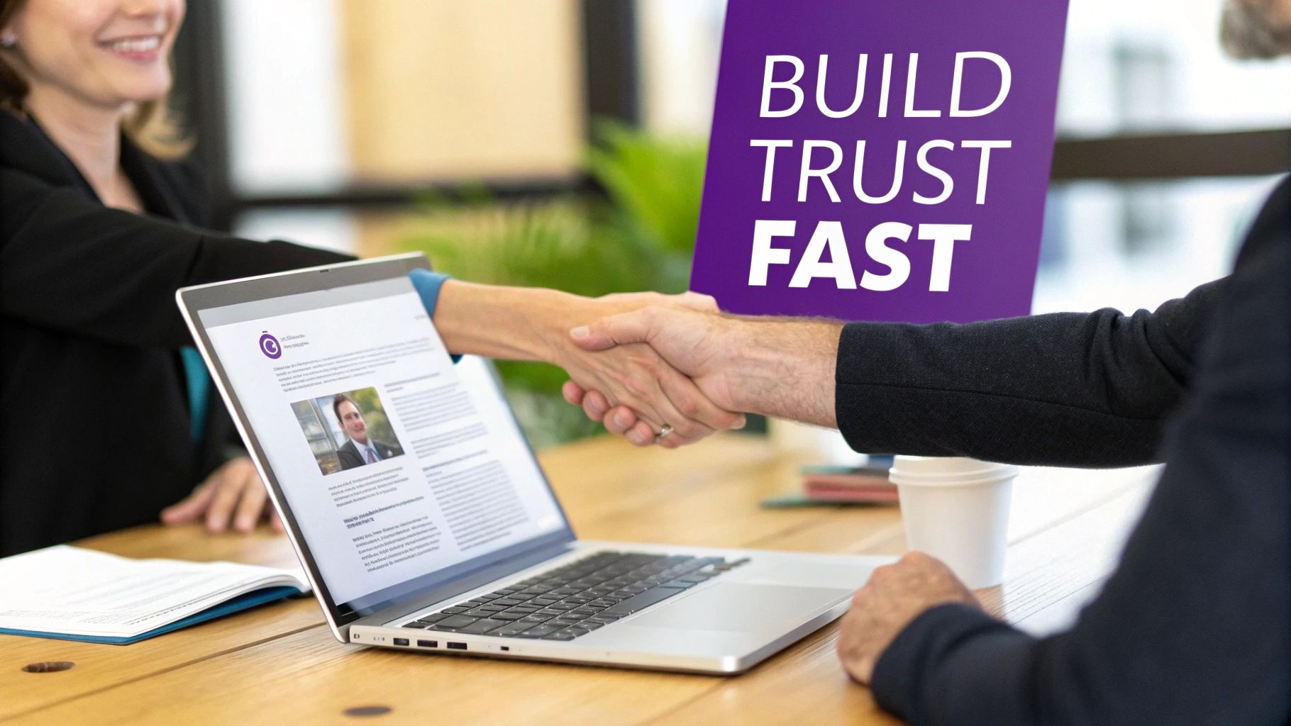 Two hands shake across a laptop screen displaying a profile, symbolizing building trust fast.