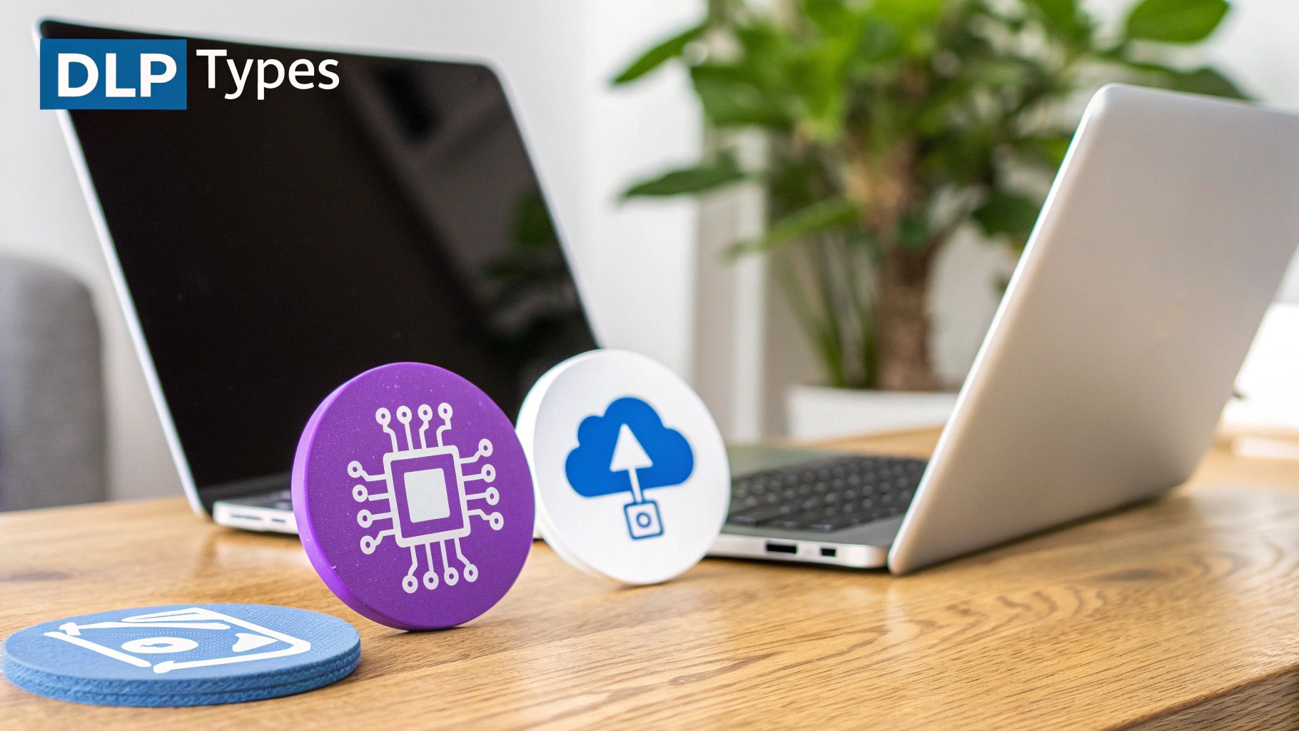 Two laptops and three circular icons representing DLP types: on-premise, cloud, and storage.