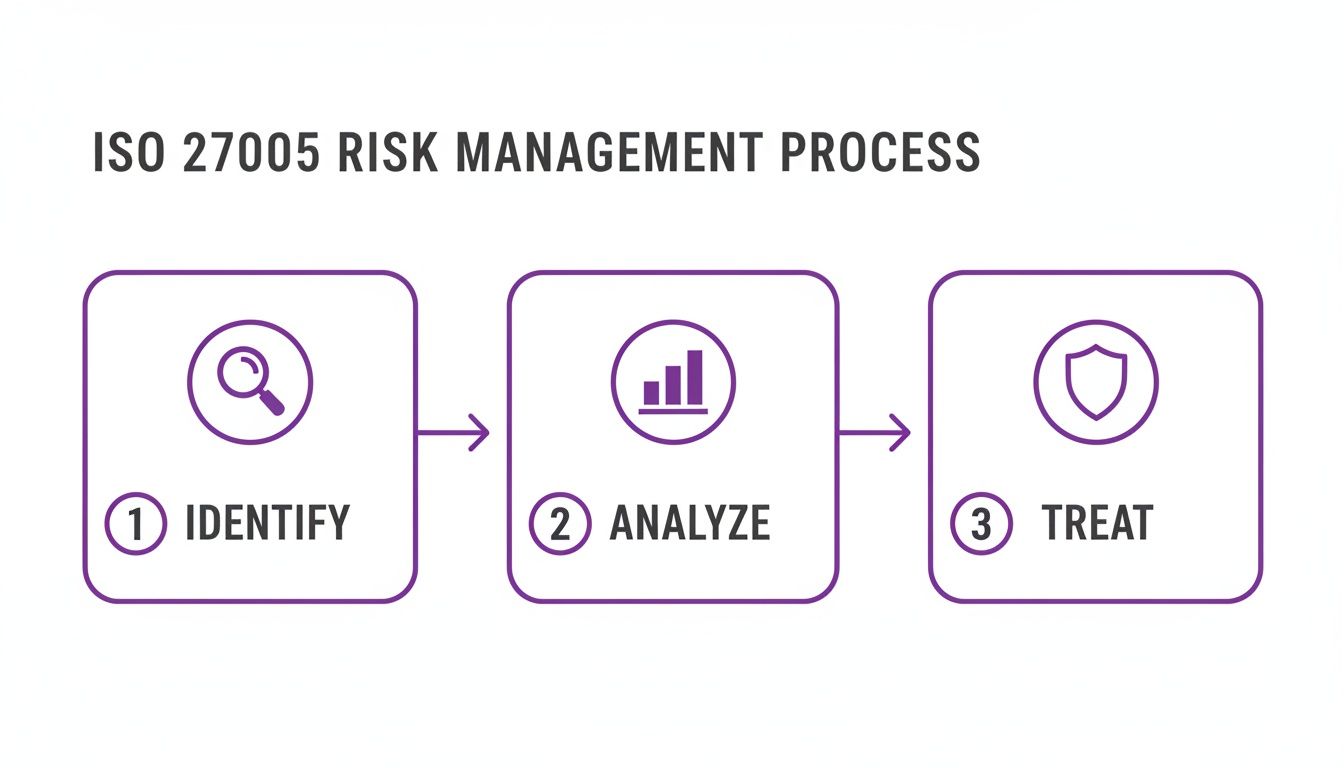 Diagram illustrating the ISO 27005 risk management process with three sequential steps: Identify, Analyze, and Treat.