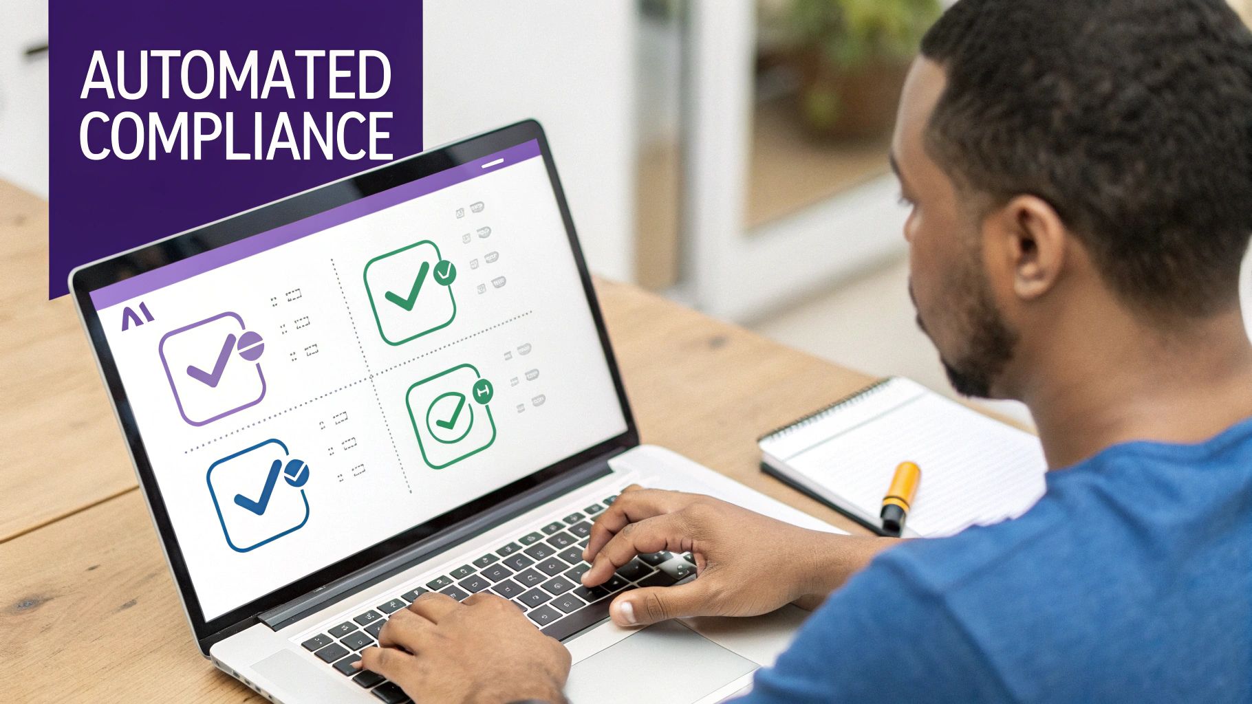 A man types on a laptop displaying automated compliance checks, with 'AUTOMATED COMPLIANCE' text overlay.