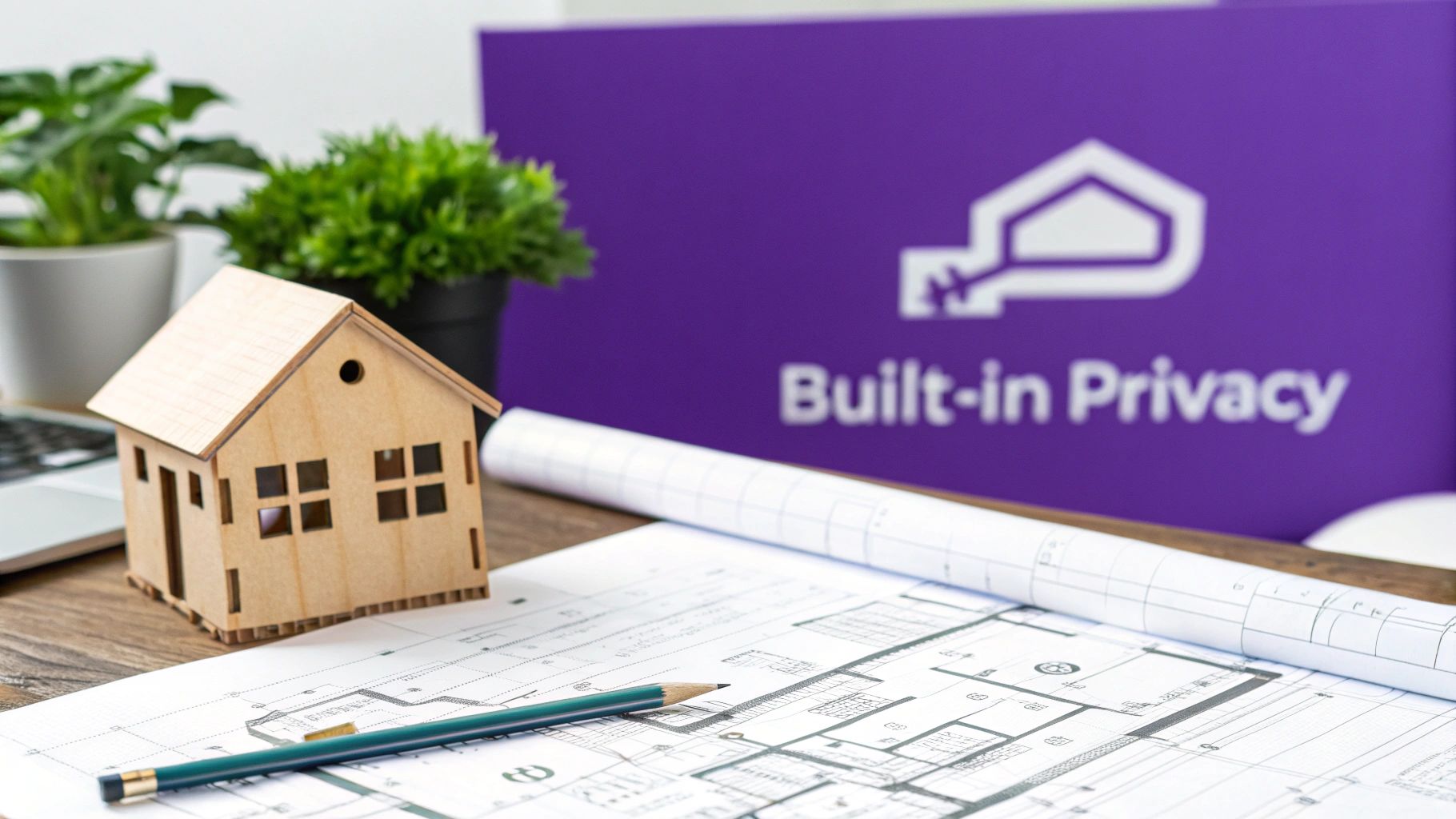 A wooden house model and pencil on architectural blueprints, with a 'Built-in Privacy' sign.