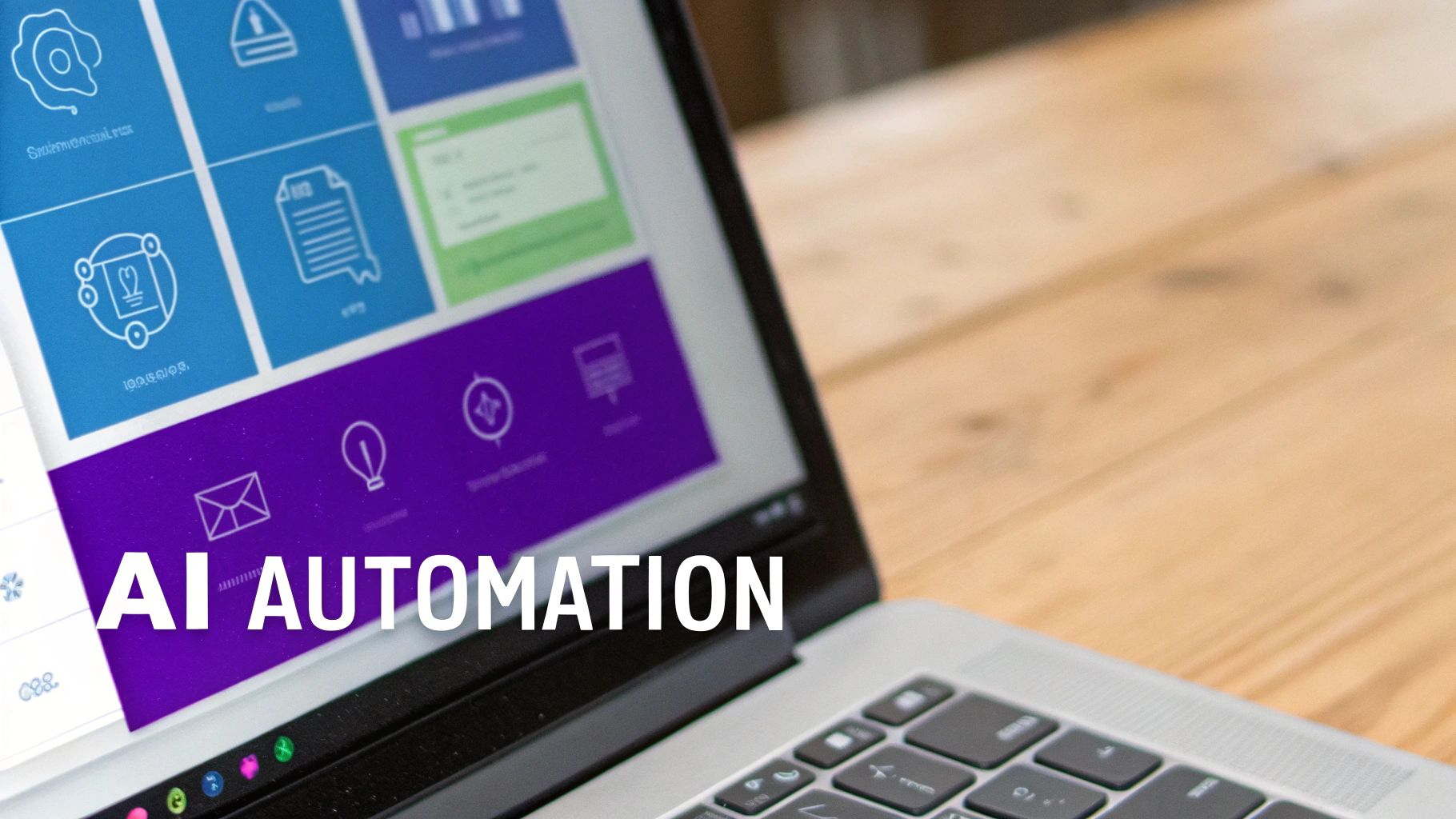 A close-up of a laptop screen displaying a user interface with icons and the text 'AI AUTOMATION'.