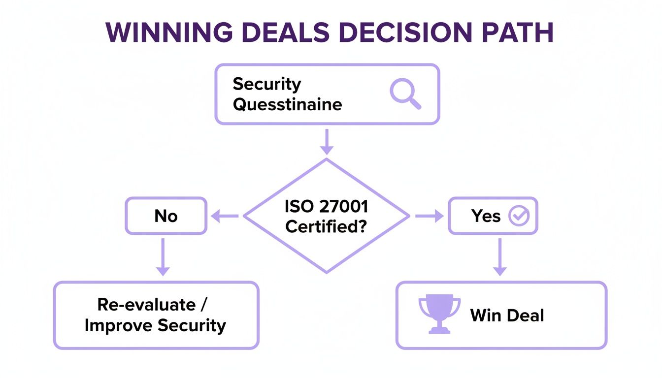 Flowchart detailing the winning deals decision path, highlighting ISO 27001 certification as a key factor.