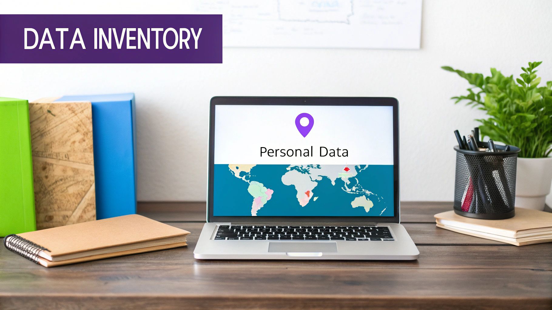 Laptop showing 'Personal Data' on a world map with a 'DATA INVENTORY' banner on a wooden desk.