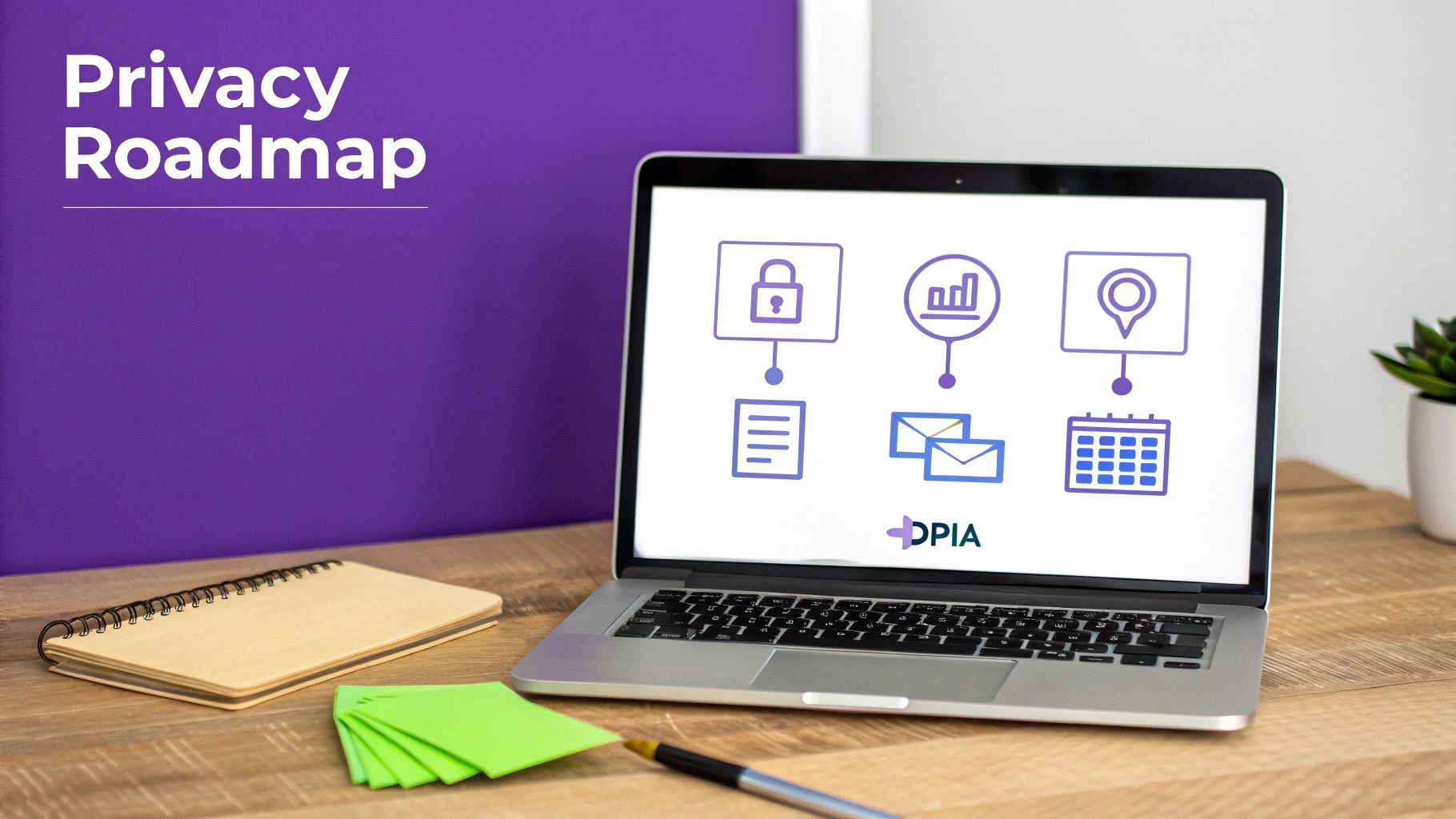 A laptop on a wooden desk displays a 'Privacy Roadmap' with icons for security, data, and events.
