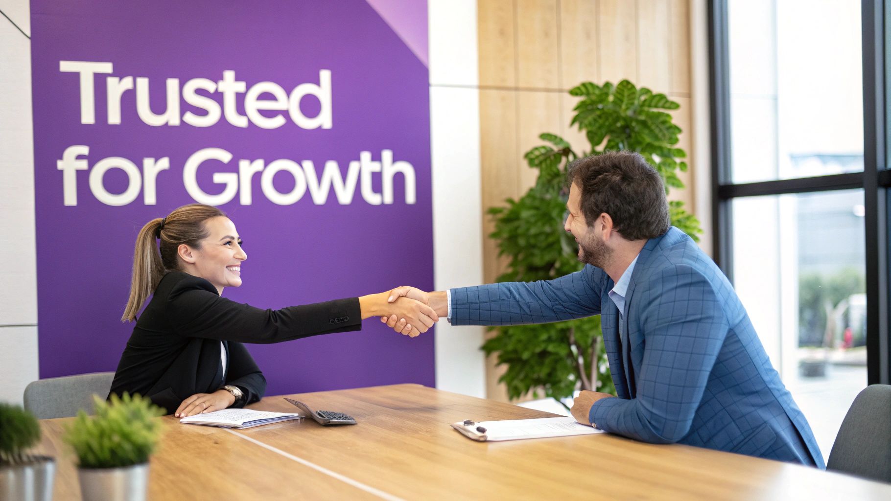 Two smiling professionals shaking hands at a business meeting with 'Trusted for Growth' banner.