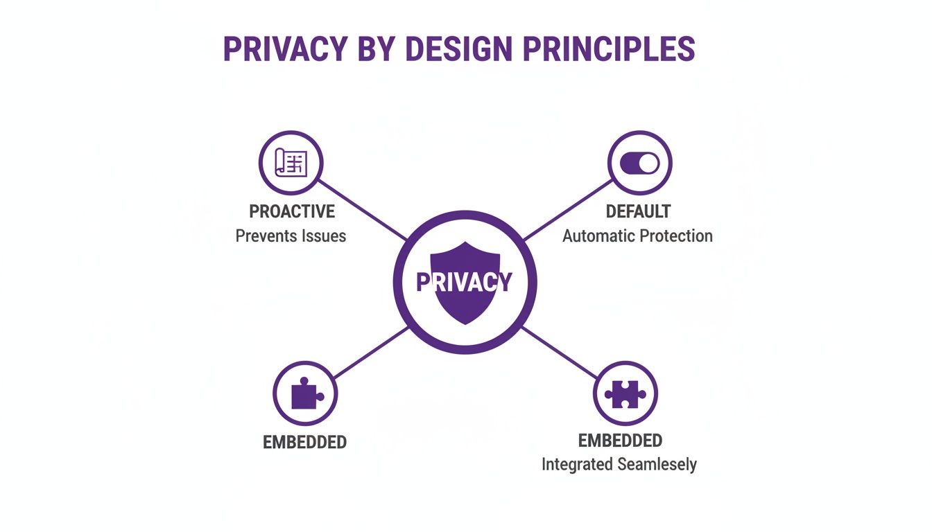 Diagram illustrating Privacy by Design principles: Proactive, Default, and Embedded, with descriptions for each.