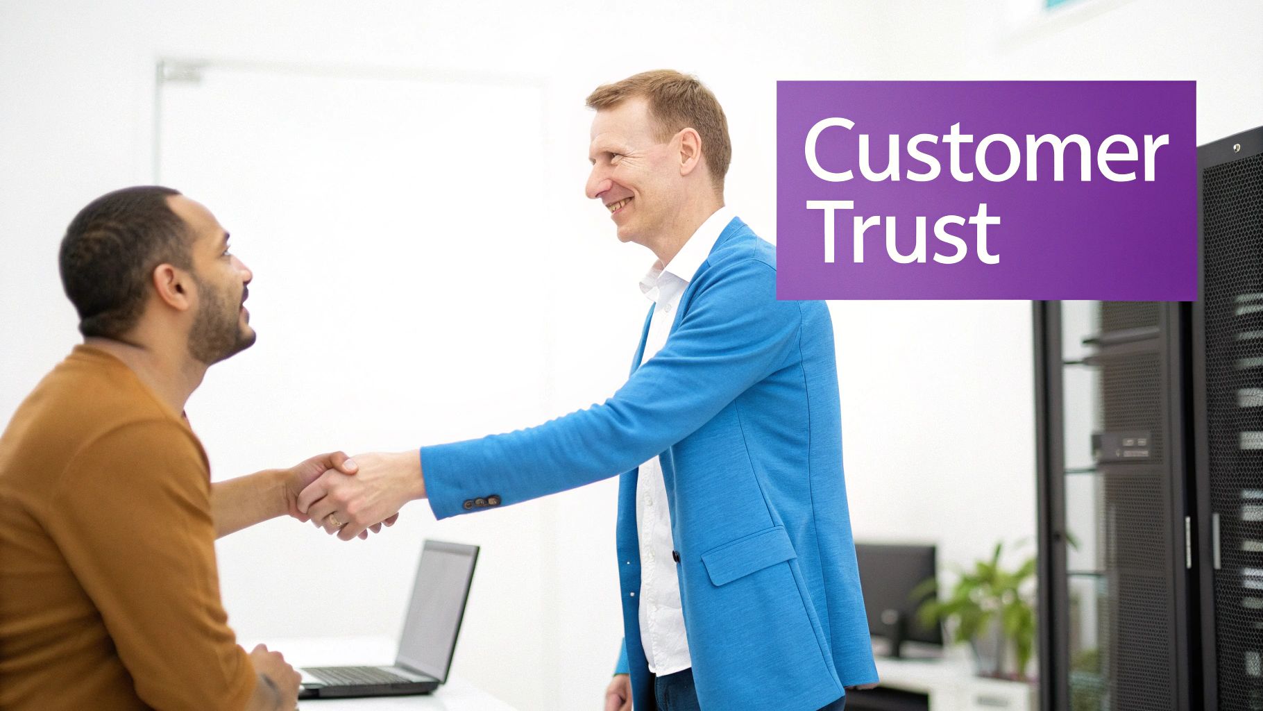 Two diverse business professionals shake hands in a data center, emphasizing customer trust.