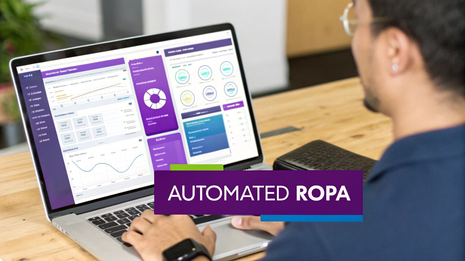 A man uses a laptop displaying an automated GDPR ROPA data dashboard with charts and graphs.