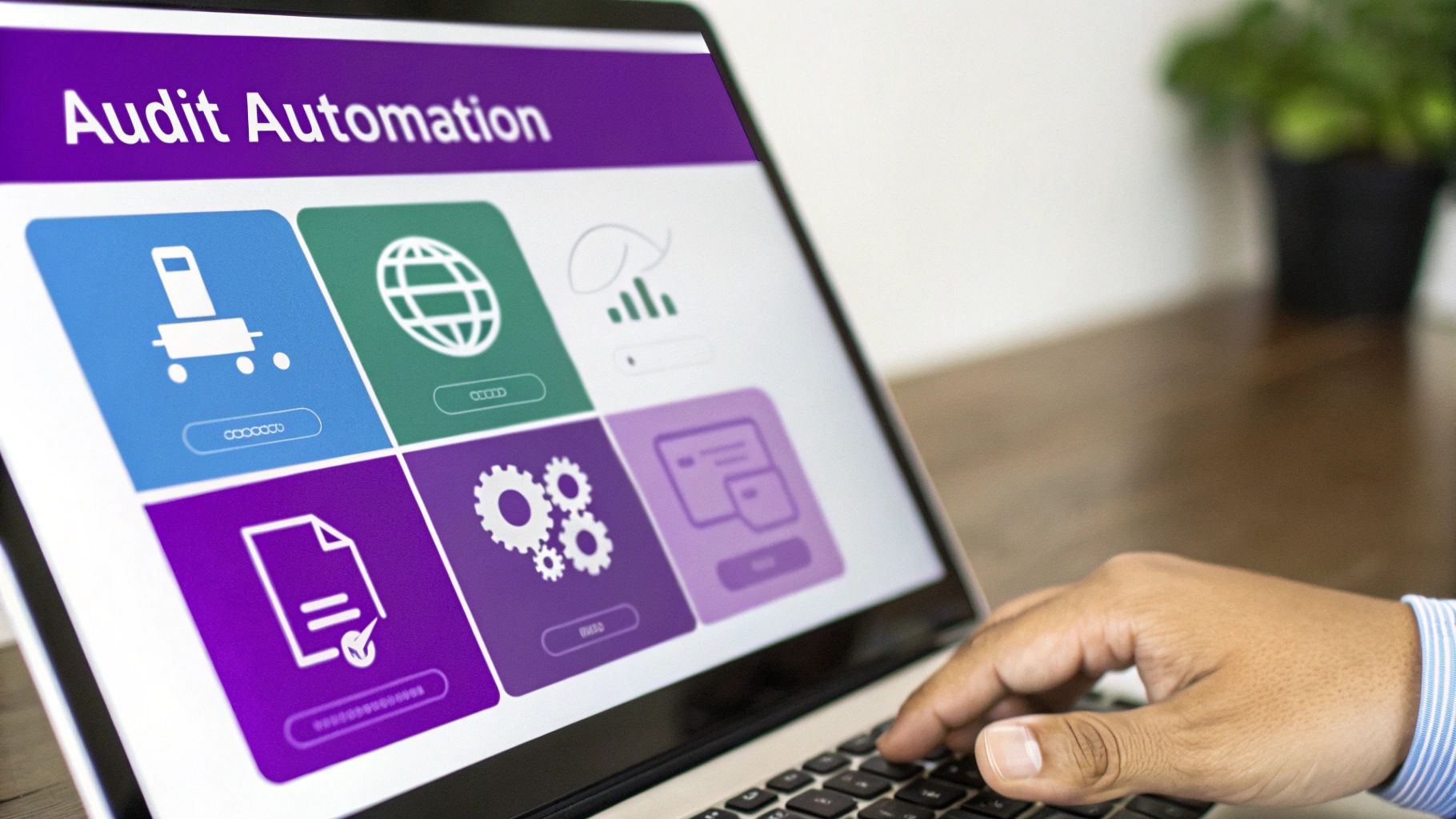 A person types on a laptop displaying a screen with 'Audit Automation' and various business icons.