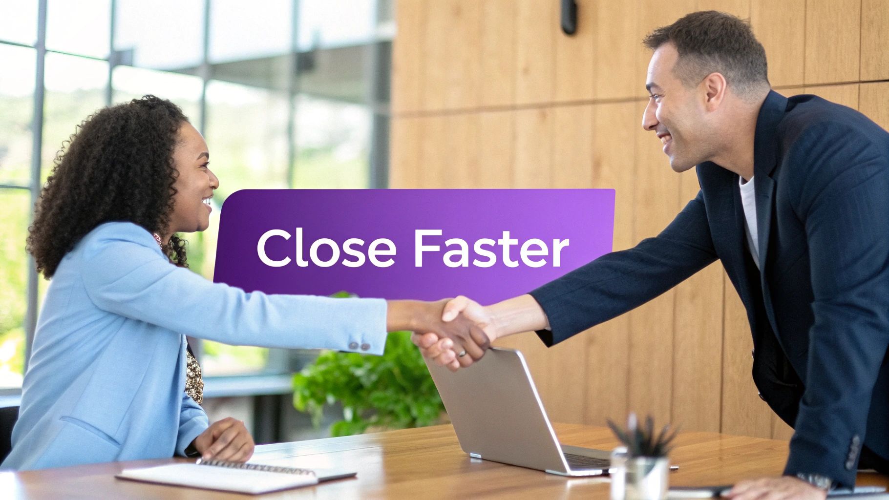 Smiling business professionals, a woman and a man, shake hands across a desk in an office.