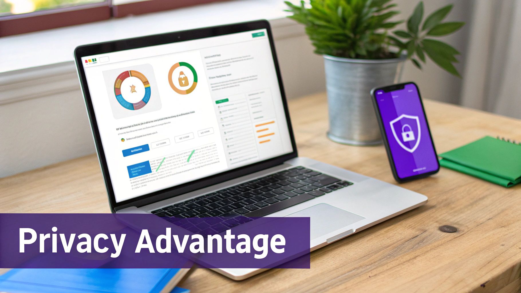 A laptop and smartphone on a wooden desk, both displaying icons related to digital privacy and security.