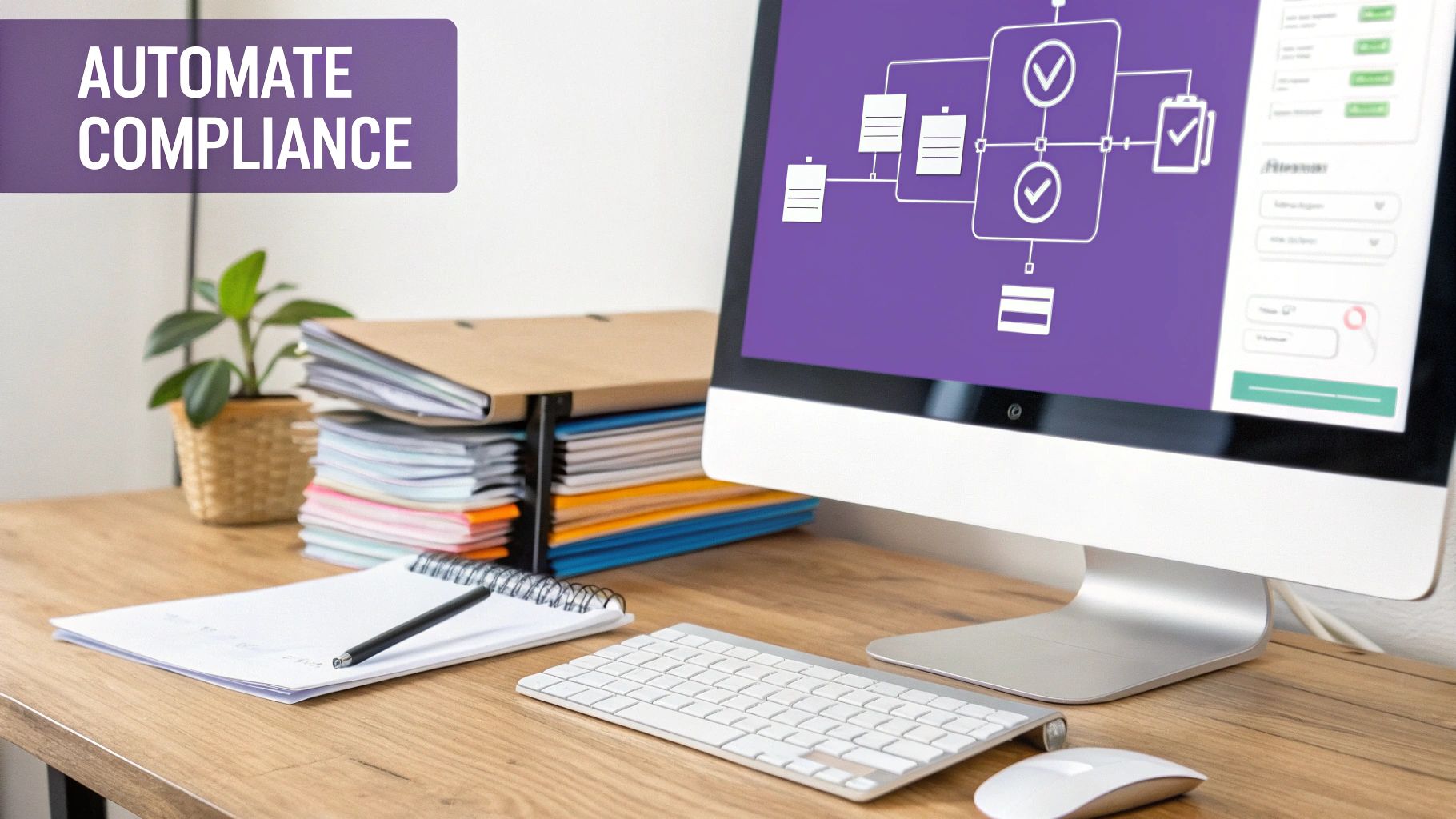 A desk with a computer displaying a compliance automation workflow, documents, and office essentials.