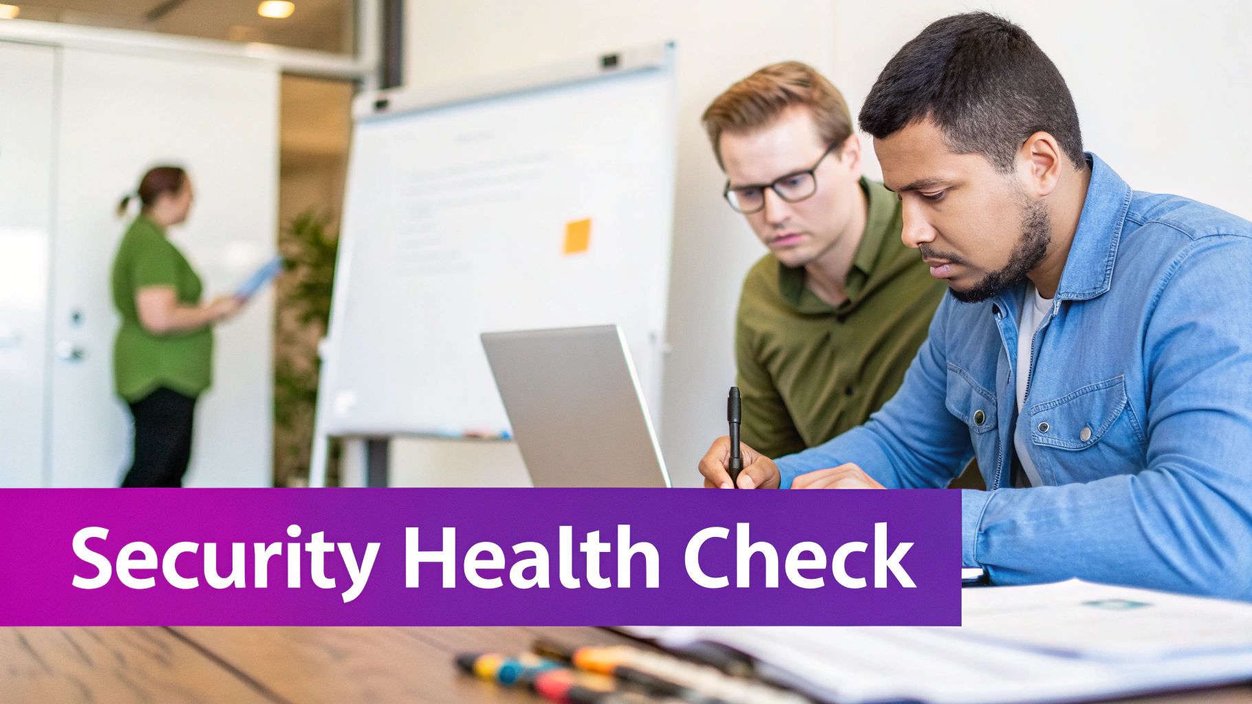 Two men collaborate on a laptop and documents during a security health check meeting.