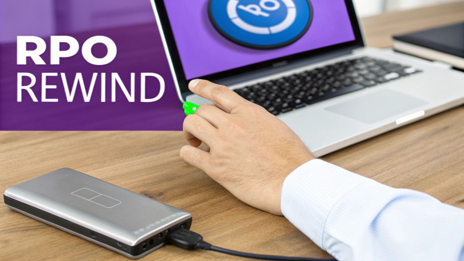 A hand interacts with a laptop displaying 'RPO REWIND' on a purple screen. An external hard drive is connected.