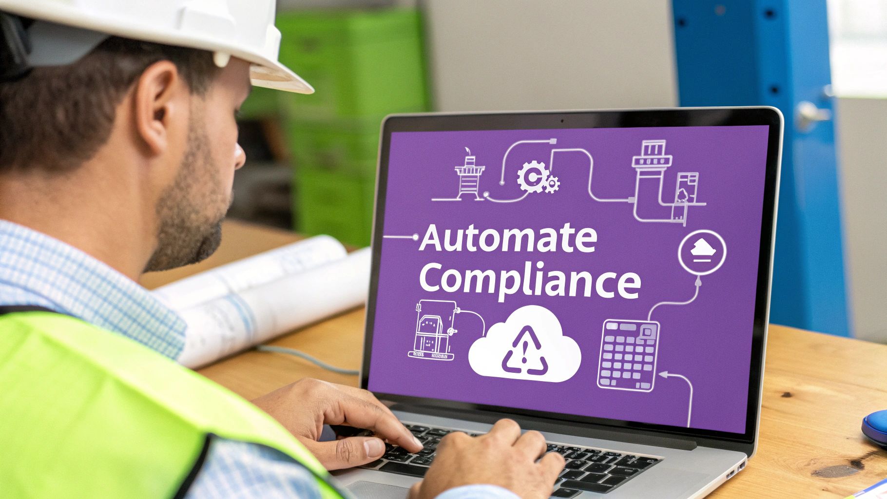 A man in a hard hat types on a laptop displaying "Automate Compliance" with industrial icons.