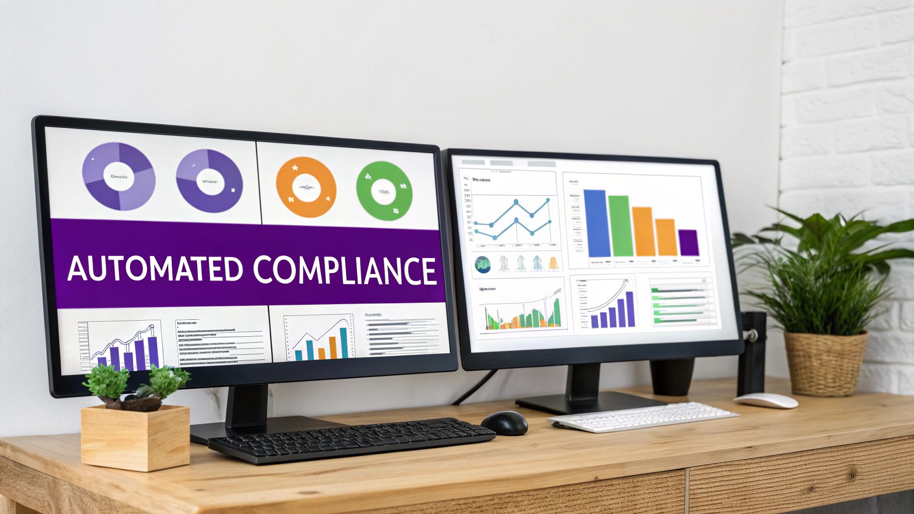Two computer monitors on a wooden desk display 'Automated Compliance' and business data analytics.
