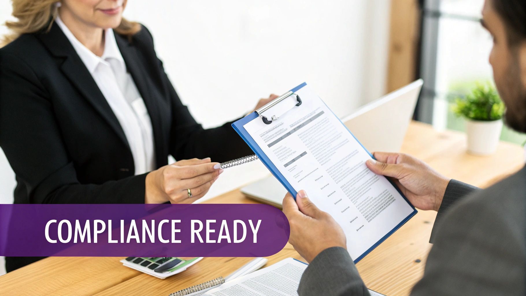 Businesswoman in a suit presents a document on a clipboard to a man, suggesting a professional review or agreement.