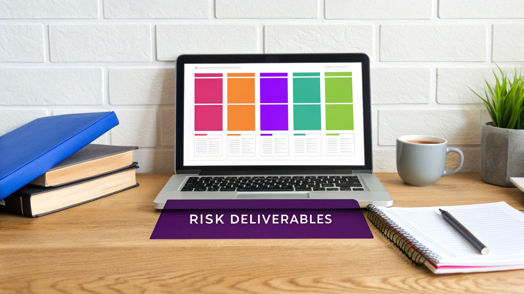 A laptop on a wooden desk displays a colorful risk chart, with a purple 'RISK DELIVERABLES' folder.