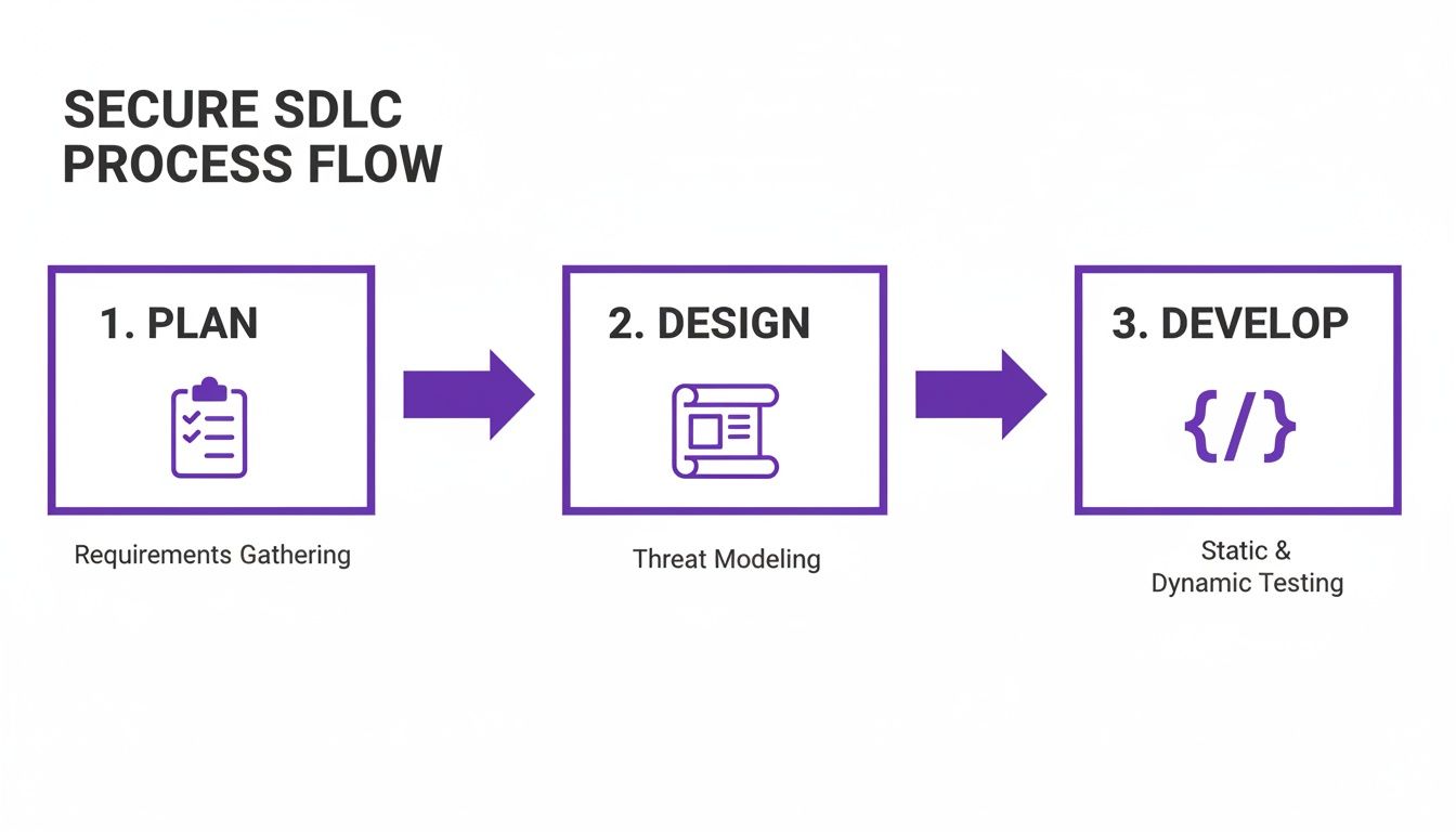 A flowchart illustrates the Secure SDLC process, detailing plan, design, and develop phases with key activities.