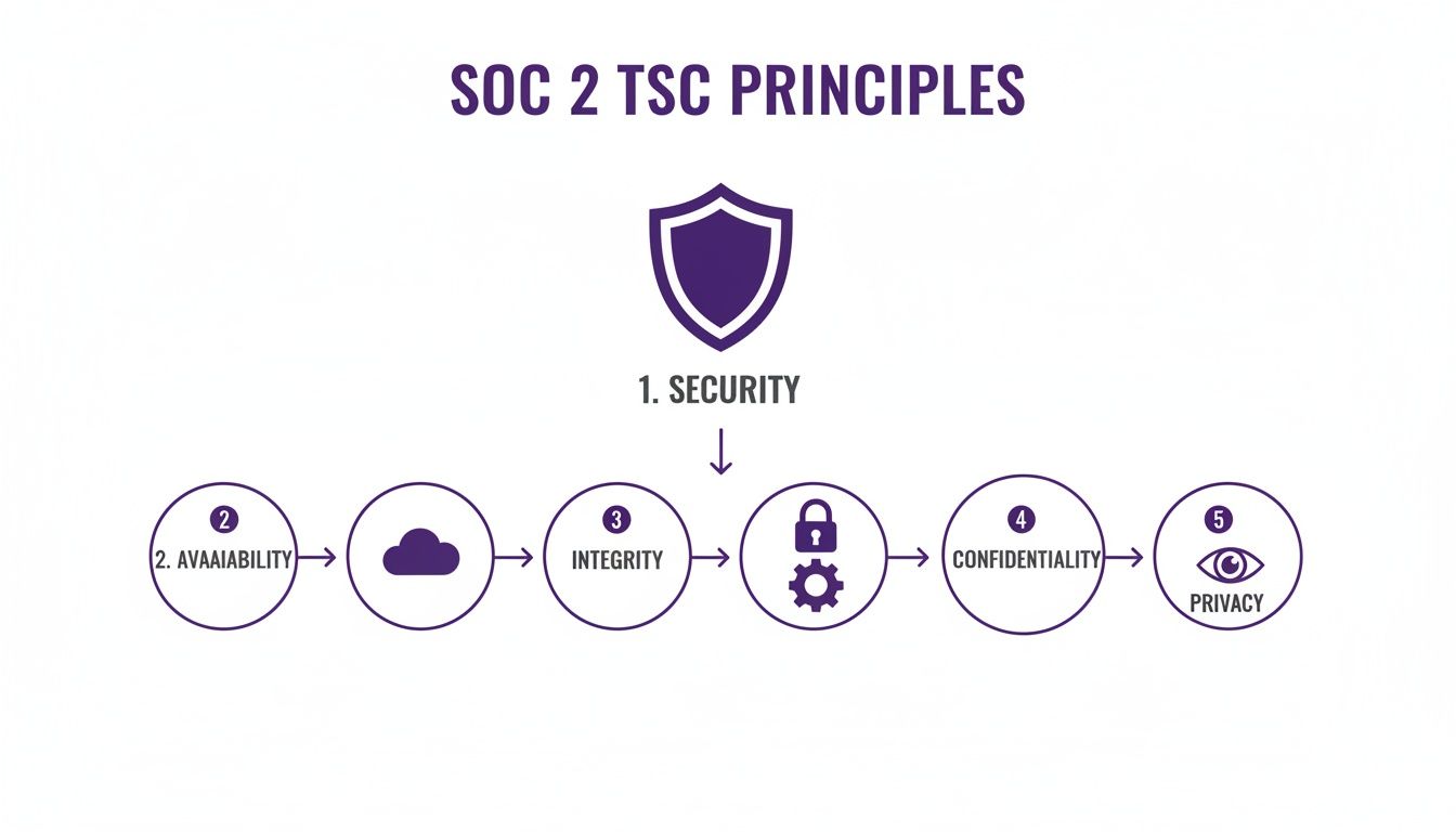 A diagram outlining the five SOC 2 TSC principles: security, availability, integrity, confidentiality, and privacy.