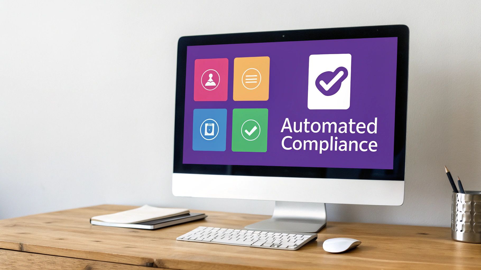 A computer monitor displays 'Automated Compliance' with icons on a wooden desk setup.
