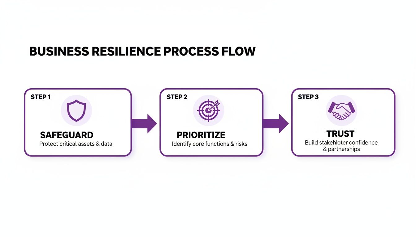 Diagram illustrating a 3-step business resilience process: safeguard, prioritize, and build trust.