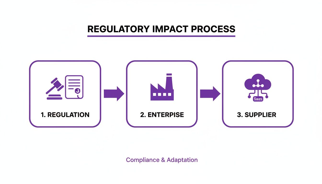 A flowchart illustrating the regulatory impact process, from new regulations to enterprise and supplier adaptation.