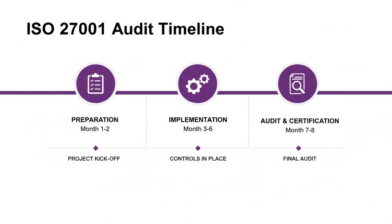 An ISO 27001 audit timeline showing preparation, implementation, and audit & certification phases over 8 months.