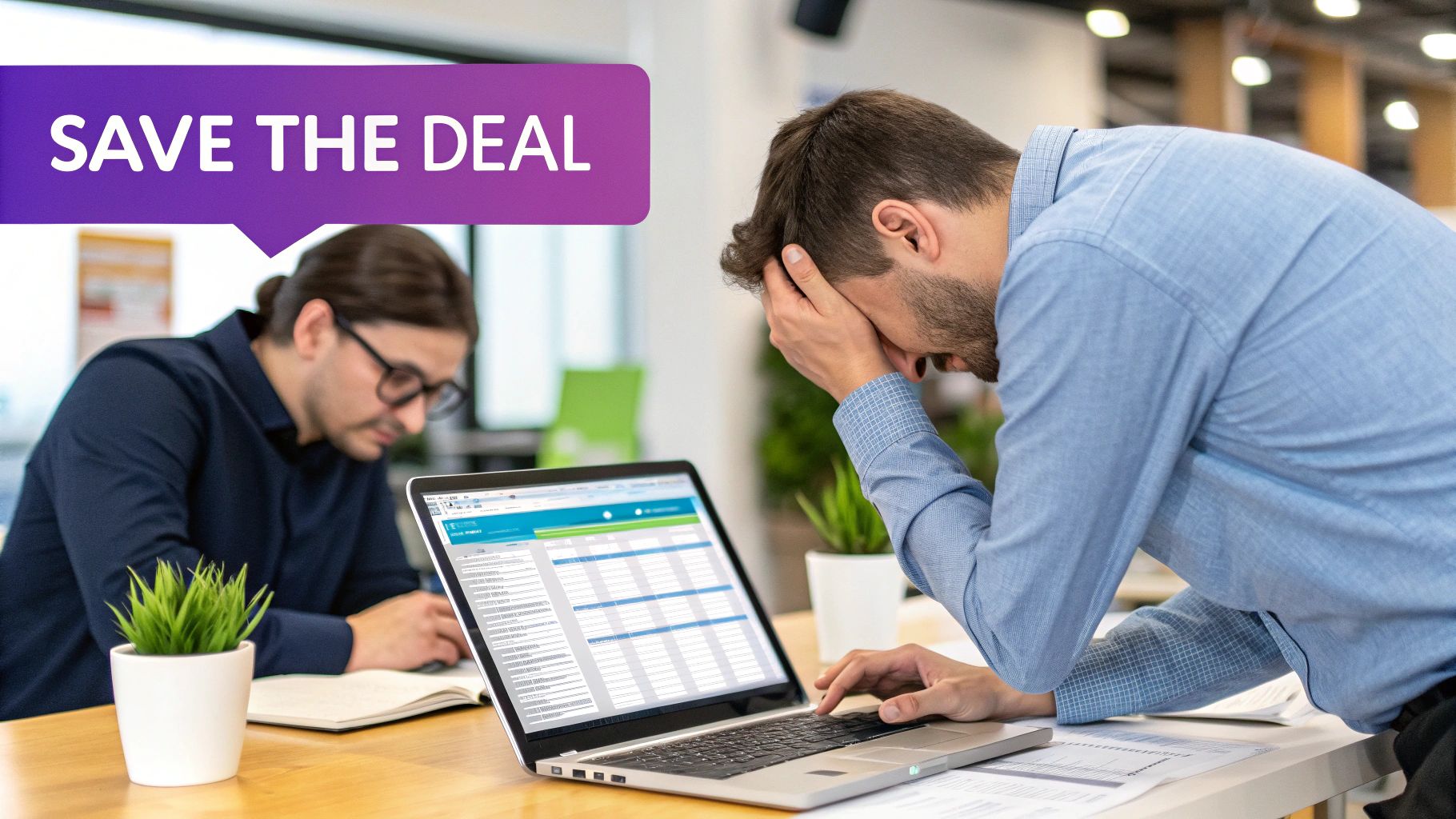 A man looking stressed at his laptop in an office, with a 'SAVE THE DEAL' text overlay.