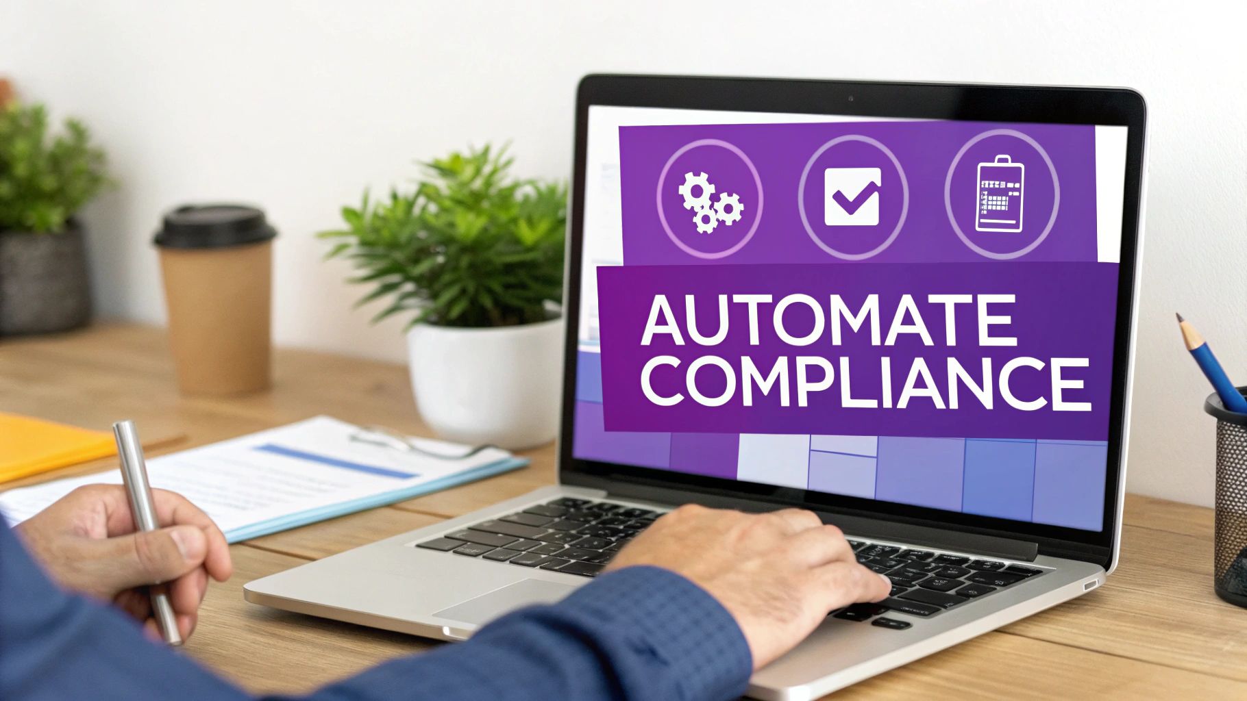 A person works on a laptop showing 'Automate Compliance' and process icons on a desk.