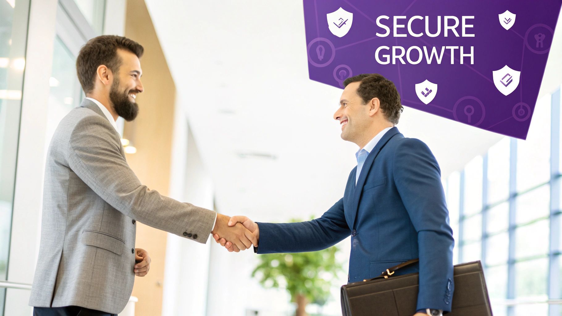 Two smiling businessmen shake hands in a modern office, symbolizing secure growth and partnership.