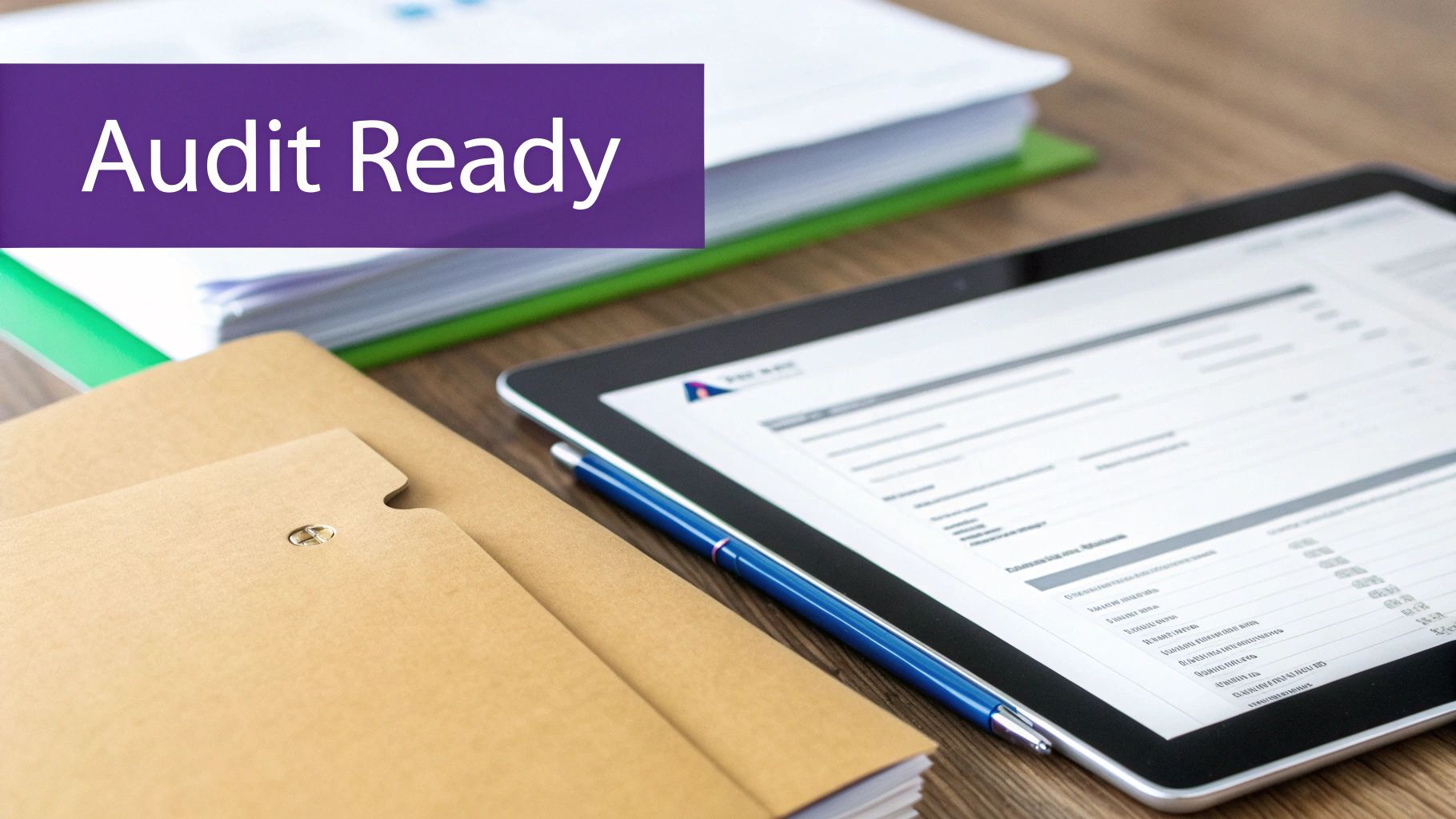 A desk with audit-ready documents, a tablet displaying reports, and folders for SOC 2 vendor management.