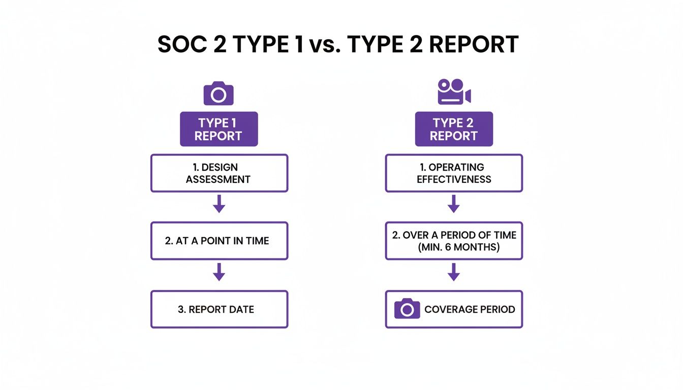 A diagram comparing SOC 2 Type 1 and Type 2 reports, showing design assessment versus operating effectiveness and timeframes.