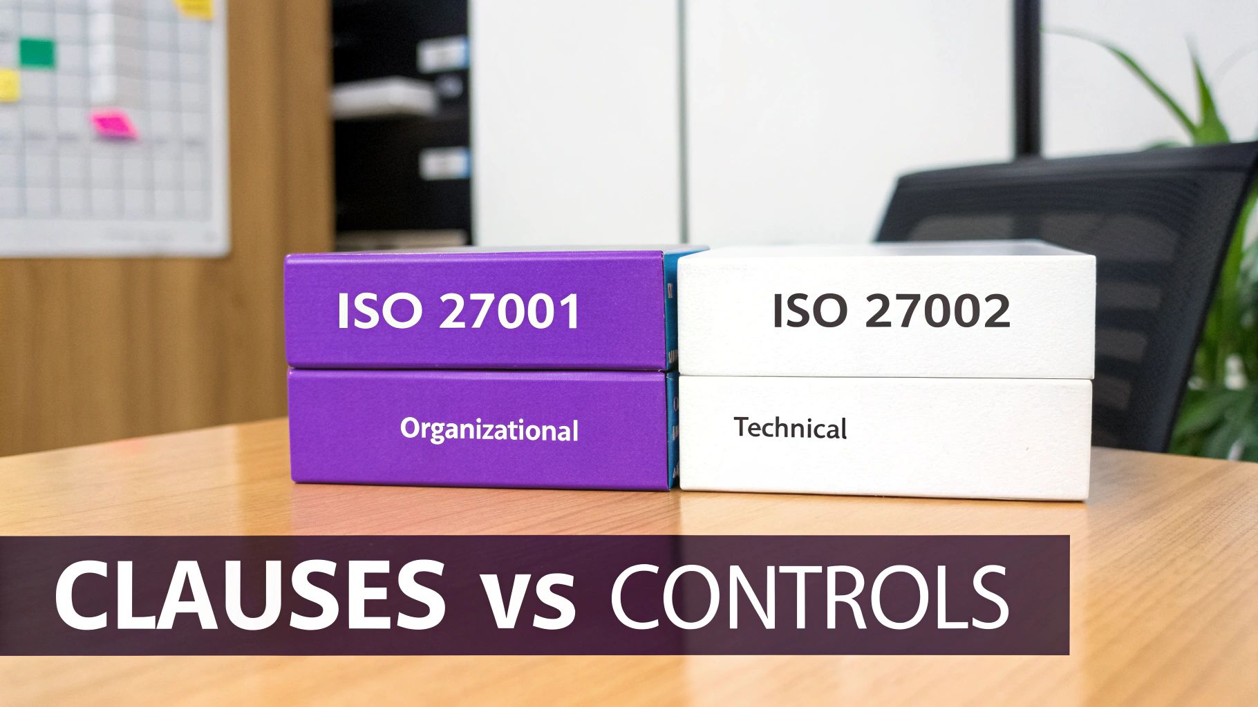 ISO 27001 (organizational) and ISO 27002 (technical) binders, illustrating clauses versus controls.