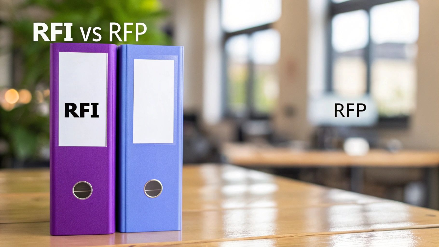 RFI vs RFP concept with two binders on a table, one purple labeled RFI.