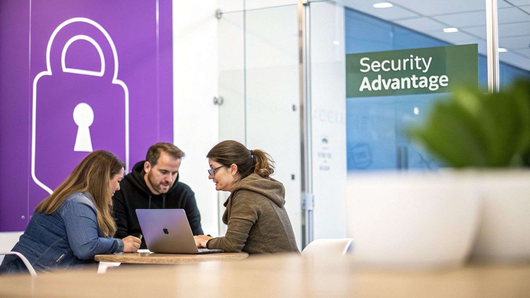 Three colleagues collaborate on a laptop in an office with a security-themed backdrop.