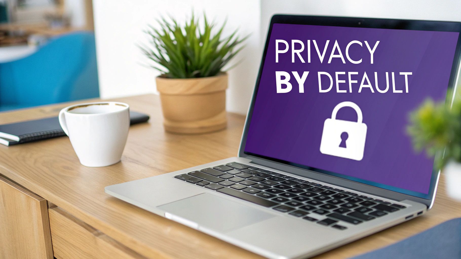 A laptop on a wooden desk displays 'Privacy by Default' and a padlock icon, with a coffee cup.