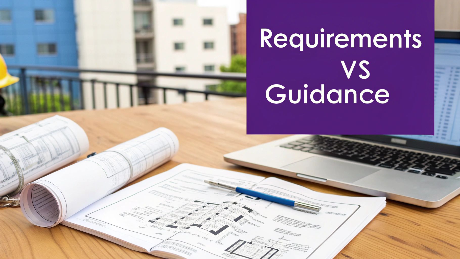 Architectural blueprints, laptop, hard hat on a wooden table with 'Requirements VS Guidance' text overlay.