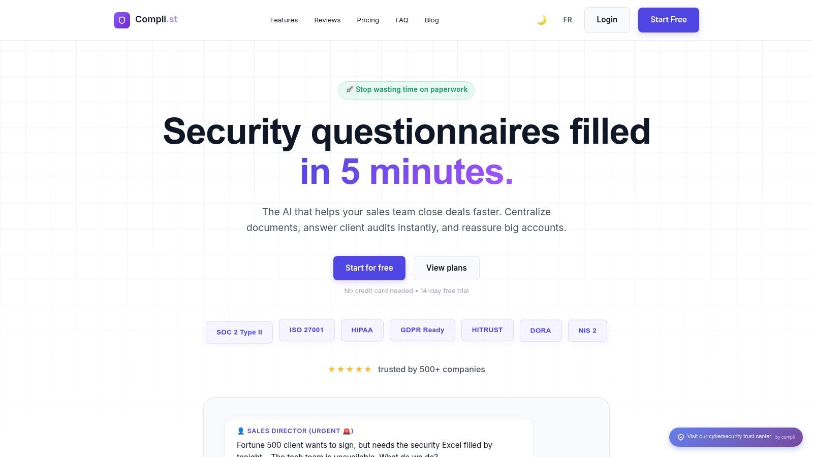Compli.st platform showcasing its AI-powered compliance and security questionnaire features